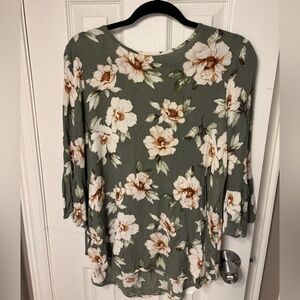 Cream Floral Print Women's Blouse in Olive Green with Flowy Sleeves